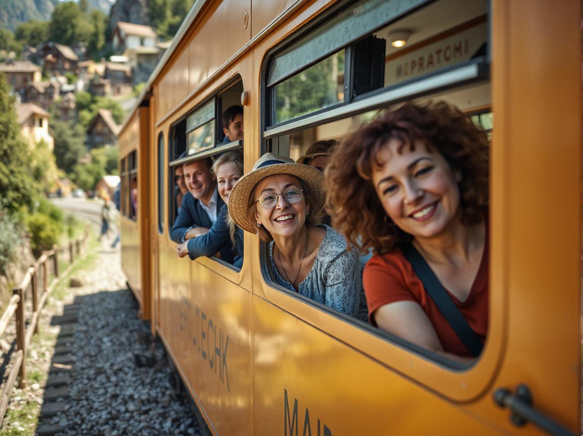 El histórico Tren Amarillo del Pirineo atravesando un viaducto de piedra con el espectacular paisaje de montaña francés de fondo