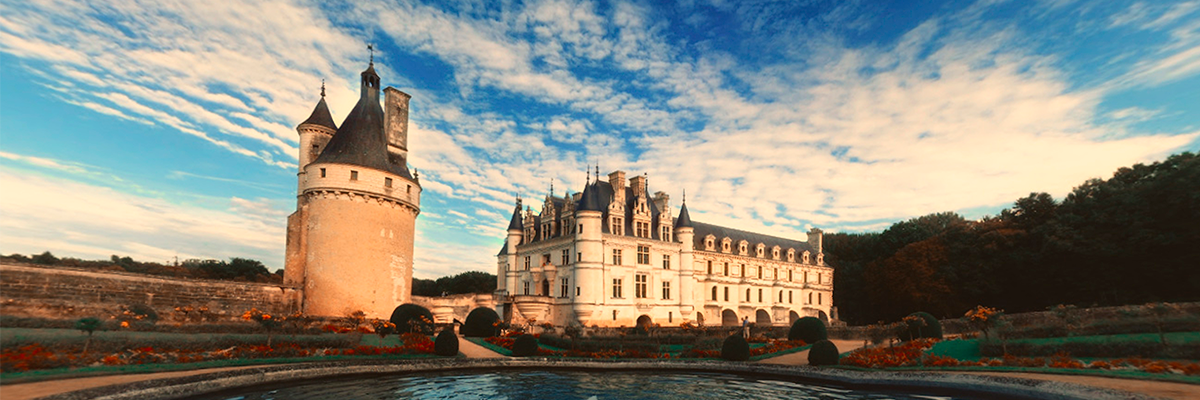 Vista frontal del famoso Château de Chenonceau con su torre, rodeado de jardines y un estanque.